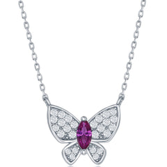 Classic Women's Necklace - Sterling Silver White CZ with Ruby CZ Butterfly | M-6440