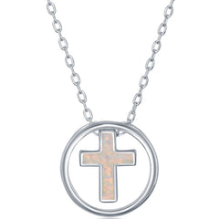 Women's Necklace - Sterling Silver White Inlay Opal Cross Disc | M-6468