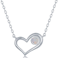 Women's Necklace - Sterling Silver White Inlay Opal Circle Heart | M-6479