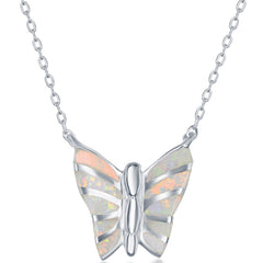 Women's Necklace - Sterling Silver White Inlay Opal Butterfly Print | M-6483
