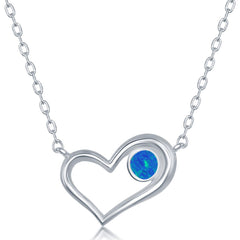 Women's Necklace - Sterling Silver Blue Inlay Opal Circle Heart | M-6520