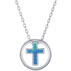 Women's Necklace - Sterling Silver Blue Inlay Opal Cross Circle | M-6535