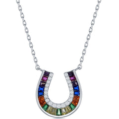 Classic Women's Necklace - Sterling Silver Baguette Rainbow CZ Horseshoe | M-6592