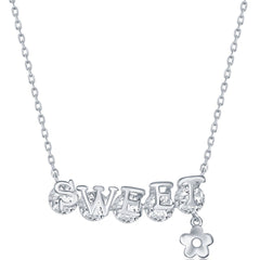 Classic Women's Necklace - Sterling Silver SWEET Bar White CZ Flower Charm | M-6598