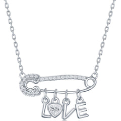 Classic Women's Necklace - Sterling Silver White CZ Safety Pin LOVE Pendant | M-6603