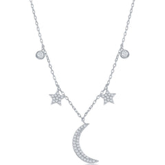 Classic Women's Necklace - Sterling Silver Moon and Stars CZ Bezel-Set | M-6604