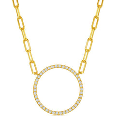 Classic Women's Necklace - Gold Plated Circle of Life Paperclip White CZ | M-6614-GP