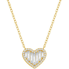 Classic Women's Necklace - Gold Plated Round and Baguette White CZ Heart | M-6645-GP