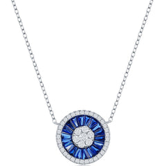 Classic Women's Necklace - Silver White CZ and Sapphire CZ Baguette Circle | M-6646