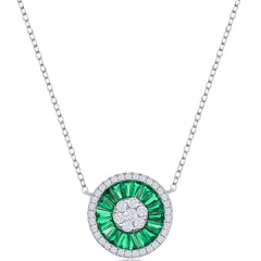 Classic Women's Necklace - Silver White CZ and Emerald CZ Baguette Circle | M-6648