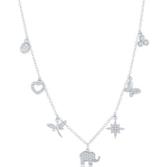Classic Women's Necklace - Sterling Silver Multi Charm White CZ Station | M-6654