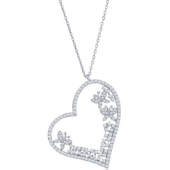 Classic Women's Necklace - Sterling Silver White CZ Heart and Butterflies | M-6663