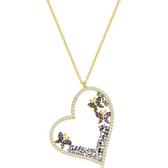 Classic Women's Necklace - Gold Tone Multicolor CZ Heart and Butterflies | M-6663-GP