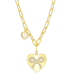 Classic Women's Necklace - Gold Plated Heart with CZ Ribbon Paperclip | M-6664-GP