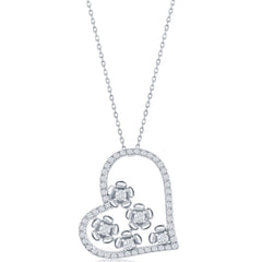 Classic Women's Necklace - Sterling Silver CZ Heart and Flowers Design | M-6665