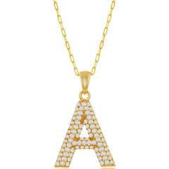 Classic Women's Necklace - Gold Tone Pave CZ A Initial with Paperclip Chain | M-6697
