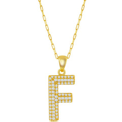 Classic Women's Necklace - Gold Tone Pave CZ F Initial with Paperclip Chain | M-6702