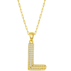 Classic Women's Necklace - Gold Tone Pave CZ L Initial with Paperclip Chain | M-6708