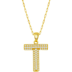 Classic Women's Necklace - Gold Tone Pave CZ T Initial with Paperclip Chain | M-6716