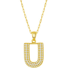 Classic Women's Necklace - Gold Tone Pave CZ U Initial with Paperclip Chain | M-6717