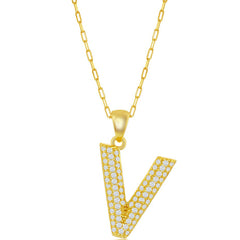 Classic Women's Necklace - Gold Tone Pave CZ V Initial with Paperclip Chain| M-6718
