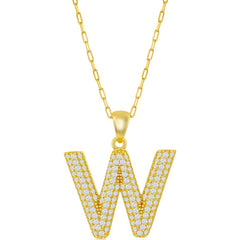 Classic Women's Necklace - Gold Tone Pave CZ W Initial with Paperclip Chain| M-6719