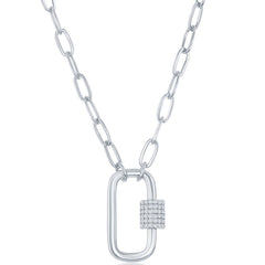 Classic Women's Necklace - Silver Micro Pave CZ Oval Carabiner Paperclip | M-6725