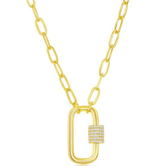 Classic Women's Necklace - Gold Micro Pave CZ Oval Carabiner Paperclip | M-6725-GP