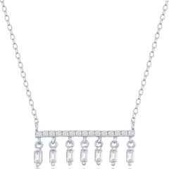 Classic Women's Necklace - Silver Bar with Baguette CZ Dangling Charms | M-6733