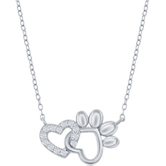 Classic Women's Necklace - Sterling Silver White CZ Heart and Paw Print | M-6752