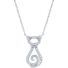 Classic Women's Necklace - Sterling Silver Rhodium Plated White CZ Cat | M-6753