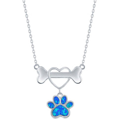 Women's Necklace - Silver Dog Bone with Heart and Blue Opal Paw | M-6755