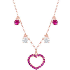 Classic Women's Necklace - RG Sterling Silver Station White and Ruby CZ Heart | M-6806