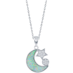 Women's Necklace - Sterling Silver White Opal ad CZ Moon and Star | M-6863