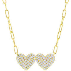 Classic Women's Necklace - Gold Plated Sterling Double Heart CZ Paperclip | M-6968
