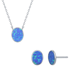 Women's Necklace and Earrings Set - Sterling Blue Inlay Opal Disc | SET-581