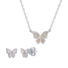 Women's Necklace and Earrings Set - Sterling Silver White Butterfly | SET-586
