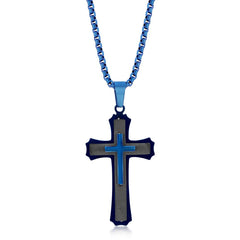 Men's Necklace - Stainless Steel Black and Blue 3D Cross | SL-7089