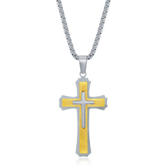 Men's Necklace - Stainless Steel Gold and Silver 3D Cross | SL-7090