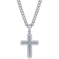 Men's Necklace - Brushed/Polished with Single CZ Cross | SL-7091