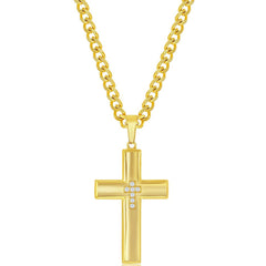 Men's Necklace - Gold Plated Stainless Steel and CZ Cross | SL-7093