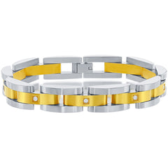 Men's Bracelet - Stainless Steel Gold and Silver Link White CZ | ST-1601