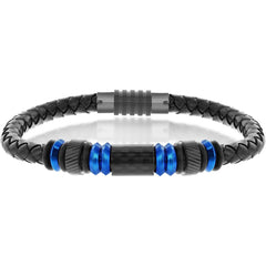 Men's Bracelet - Blue Steel with Black Carbon Fiber and Leather | ST-1619