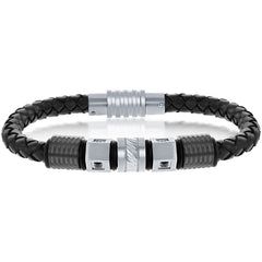 Men's Bracelet - Two Tone Stainless Steel with Black CZ Leather | ST-1621