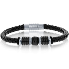 Men's Bracelet - Two Tone Stainless Steel Genuine Black Leather | ST-1623