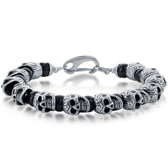 Men's Bracelet - Stainless Steel Genuine Black Onyx Beads Skull | ST-1629