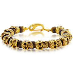 Men's Bracelet - Gold Tone Stainless Steel Tiger Eye Beads Skull | ST-1630