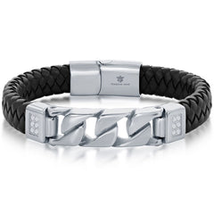 Men's Bracelet - Stainless Steel and Black Leather Curb Link | ST-1631
