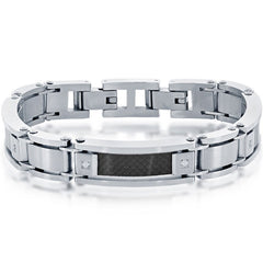 Men's Bracelet - Stainless Steel and Black Carbon Fiber Link CZ | ST-1633