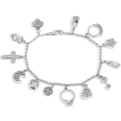 Classic Women's Bracelet - Sterling Silver Multi White CZ Charms Rolo Chain | T-4173
